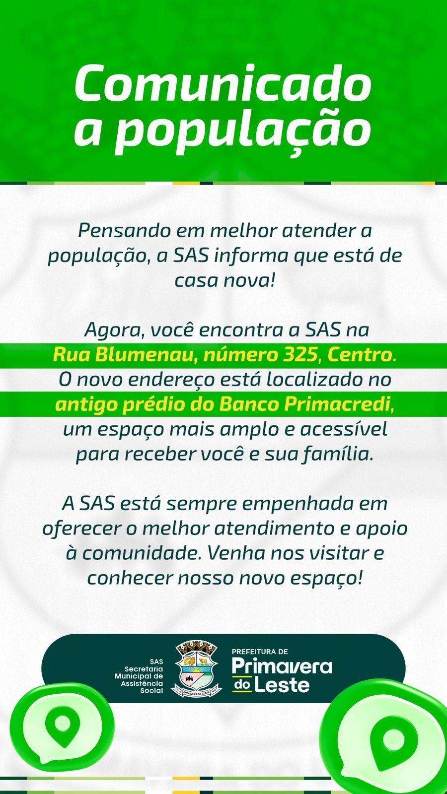 Secretaria de Assistência Social de Primavera do Leste muda de endereço e passa a atender em novo espaço