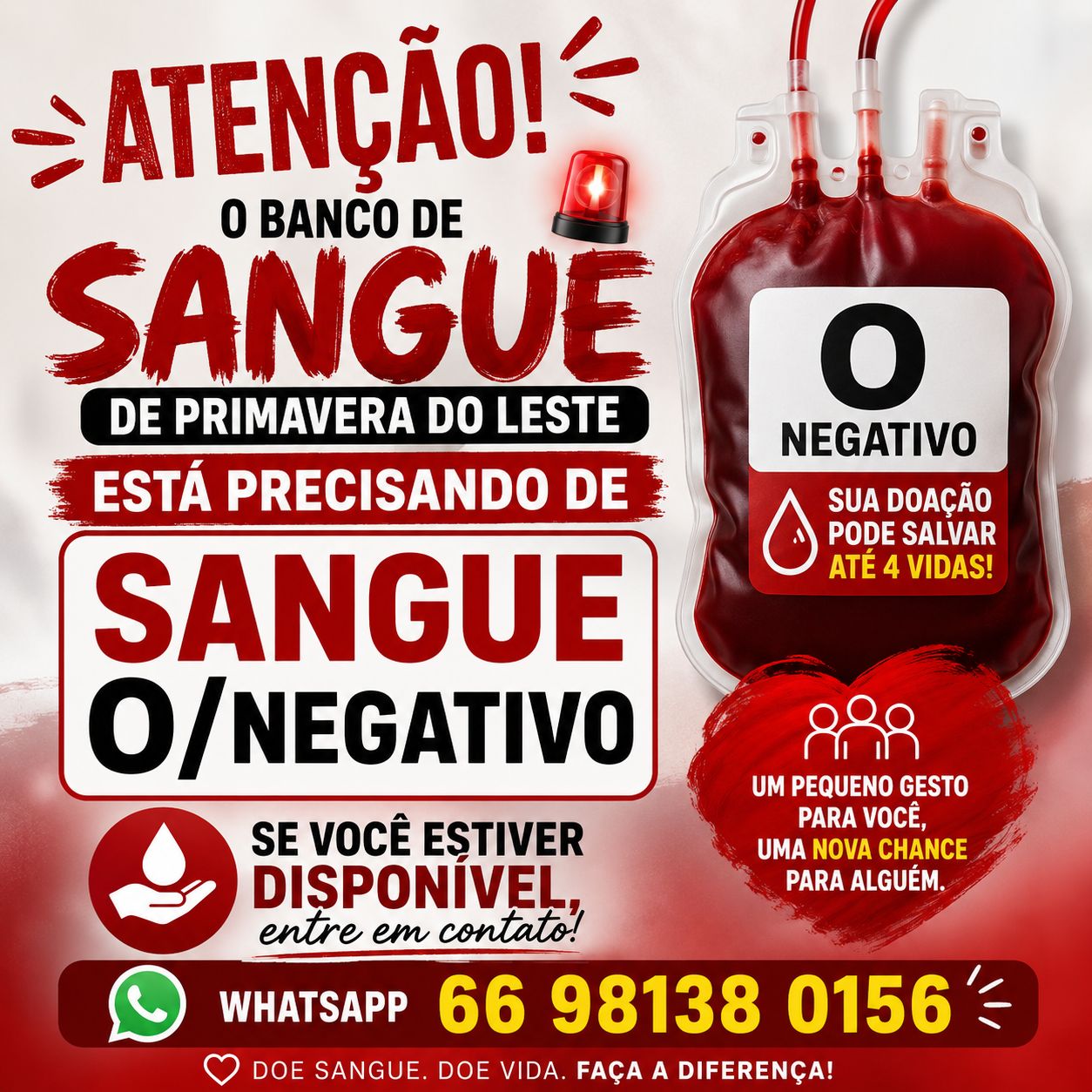 Imagem JPG, Banco de Sangue de Primavera do Leste faz apelo urgente por doadores do tipo O negativo